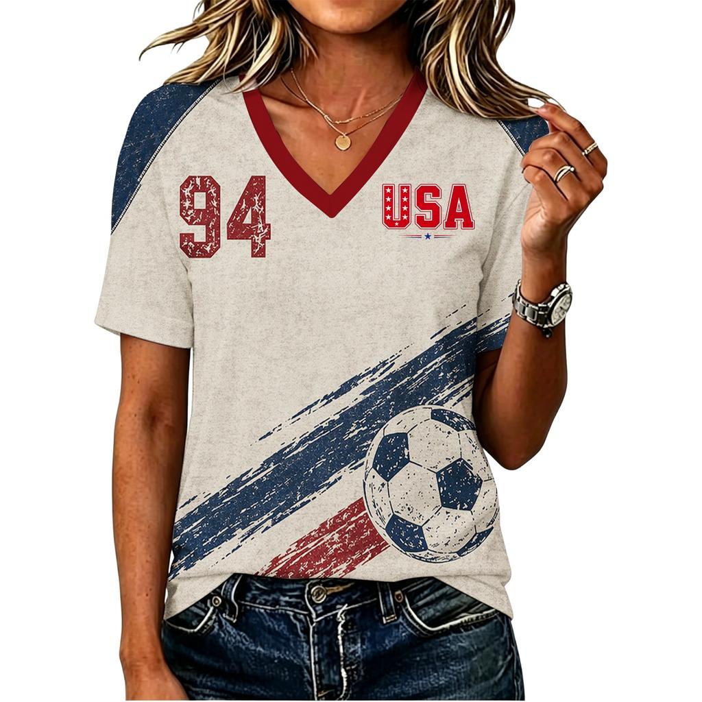 Women's Short Sleeve V-Neck T-Shirt with USA Letter Print