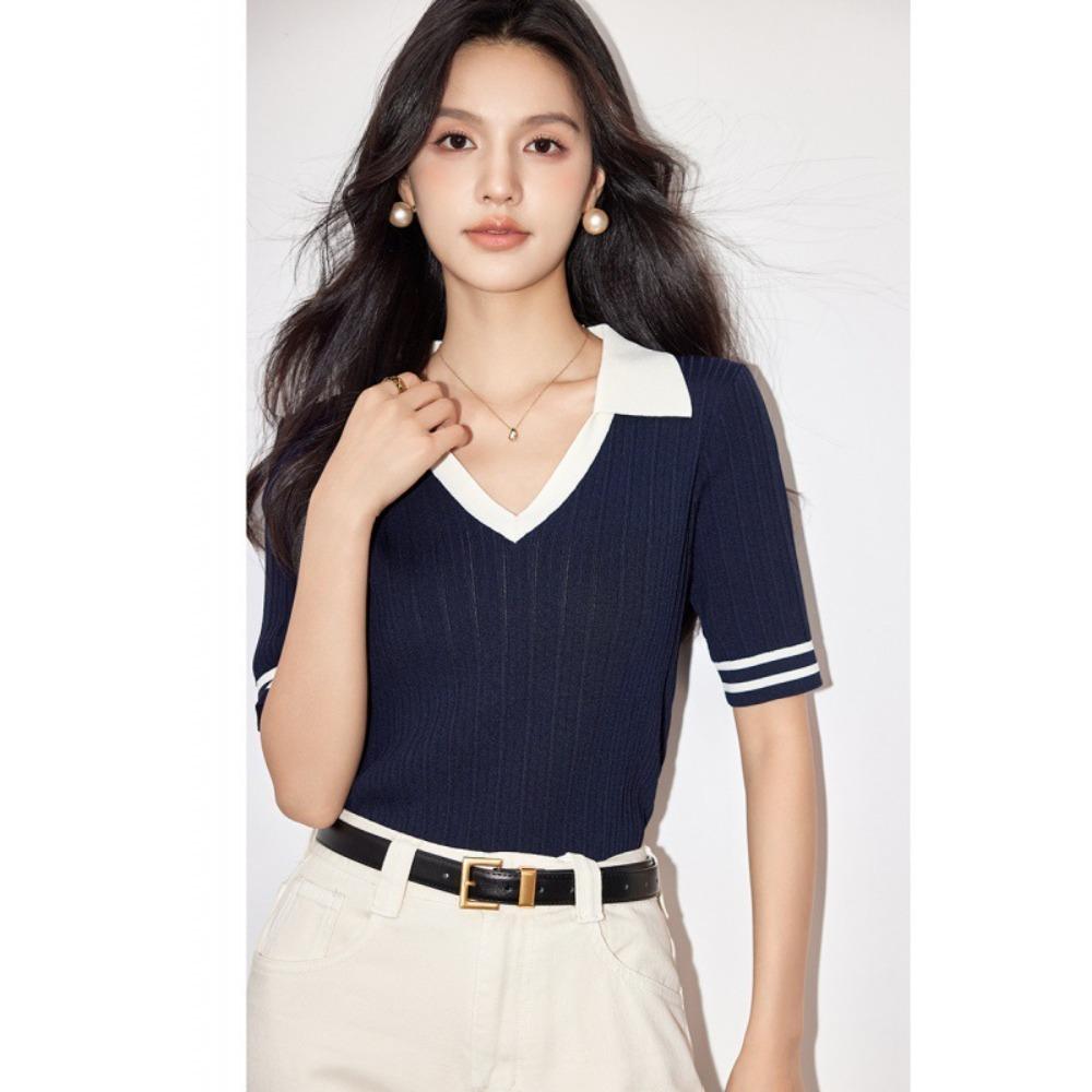 Ženy Pletené zboží 2024 Léto Novinka POLO Výstřih do V Límec Kontrastní Barva Krátký rukáv Pletený svetr Tenký Krátký Top