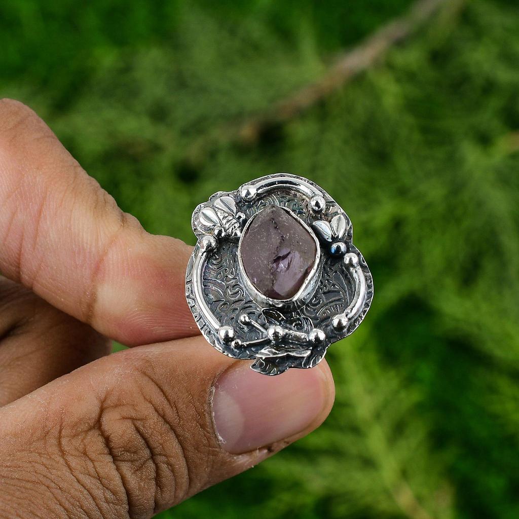 925 Sterling Silver African Amethyst Rough Gemstone Boho Stackable Artisan Ring