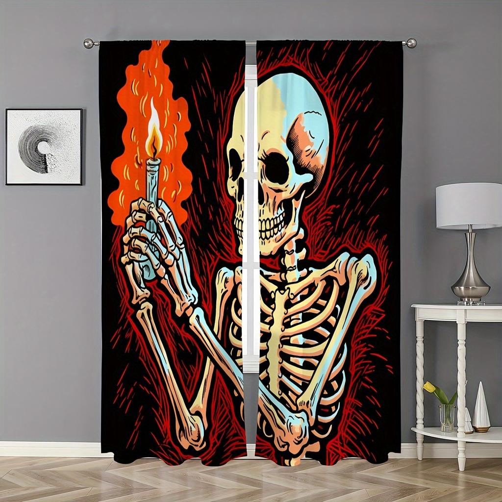 2 Stück Vorhänge mit Totenkopfmuster Dekorative Ösenaufhängung Fensterbehang Fensterdekorationen für Schlafzimmer Wohnzimmer Heimdekoration cortinas