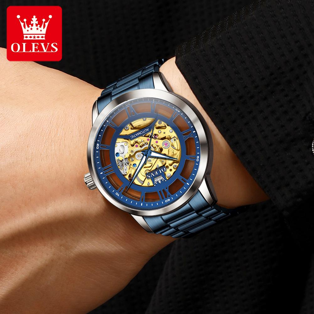 OLVES 6728 Original Luxury Mens Watch Skeleton Automatic Mechanical Watches For Man Waterproof Luminous Function Watches Men