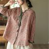 Vintage Chinese Style Floral Print Ramie Blouses Women Long Sleeve Button Tops Fall Shirts