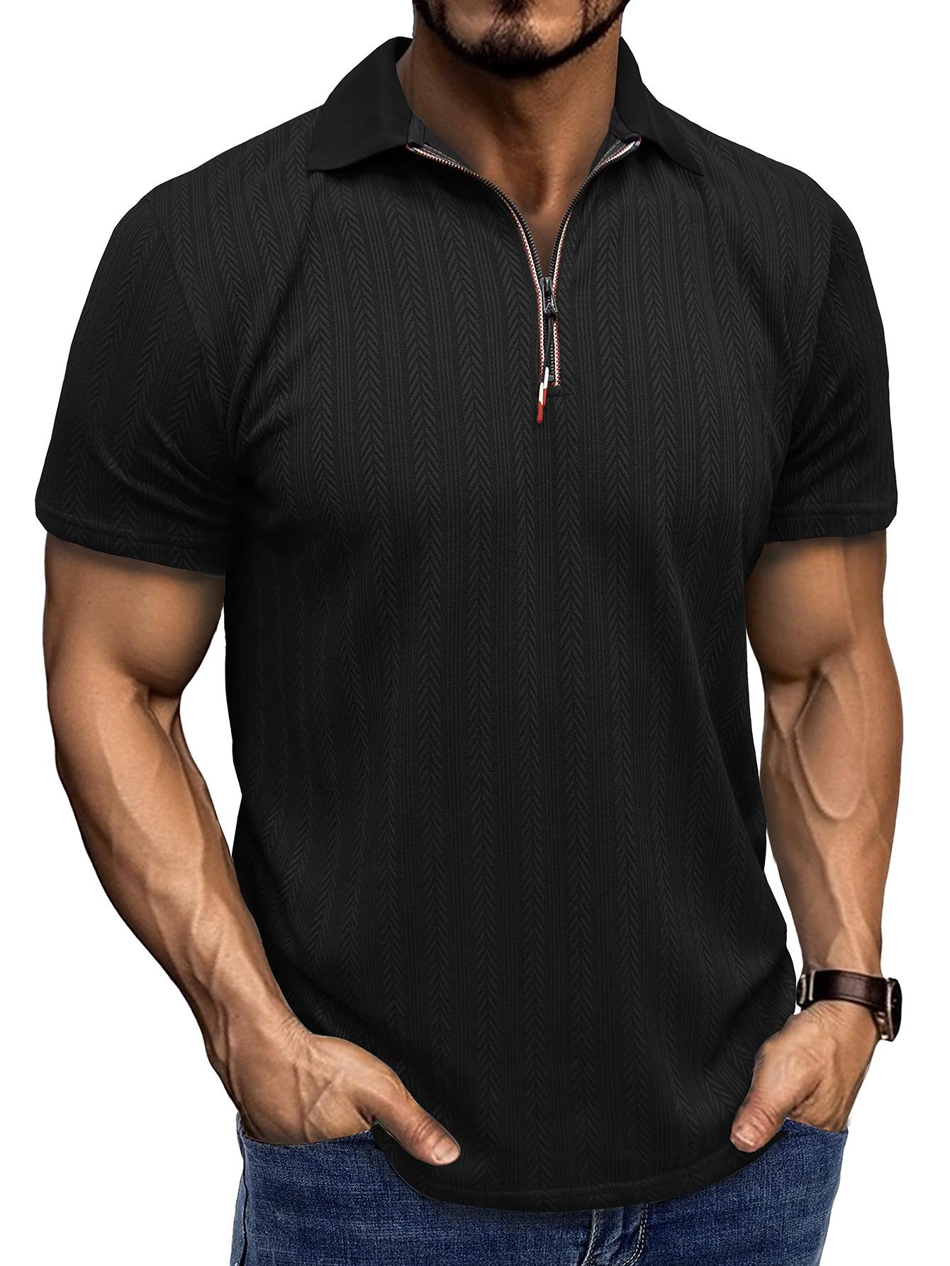 Men Herringbone Textured Lapel Half Zip Short Sleeve Solid Color Casual Polo Shirt S чёрный