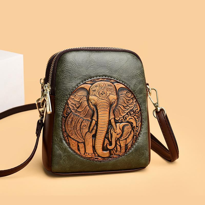 Women's Embossed Elephant Design Crossbody Bag Vintage Leather Shoulder Bag for Daily Use