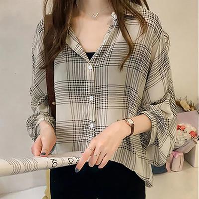 Summer Women's Sun Protection Clothing Chiffon Shirt Plaid Retro Shirt Top Blouse for Women