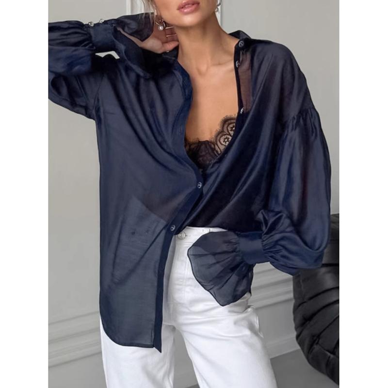 

Осень Новая рубашка с длинным рукавом Индивидуальность Мода Темперамент Повседневная для работы Женская рубашка с расклешенным рукавом Свободный топ M