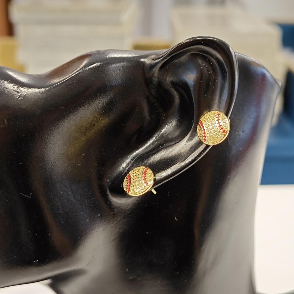 Mens Full Zircon Round Cut Gold Plated Earring 925 Silver Baseball Stud Earrings