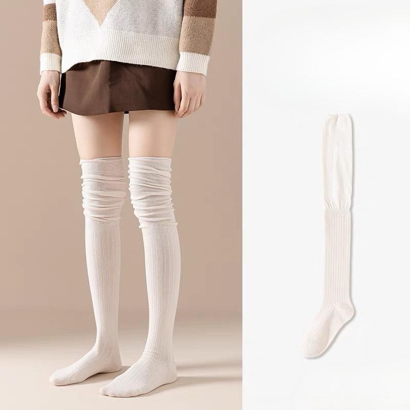 Herbst- und Wintercremefarbene Damen-Overknee-Socken, Patchwork-Stricksocken, Frotteesocken