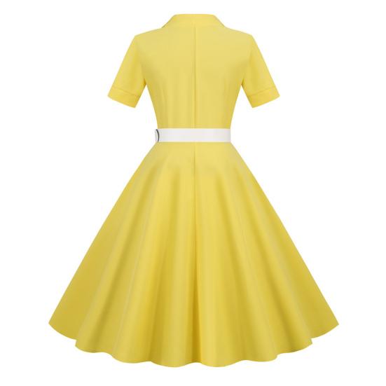 Dámské šaty, výstřih, klopa, jednořadý, s páskem, linie A, velký švih, úzký, vysoký pas, jednobarevné retro, krátký rukáv, princeznovské šaty ve stylu lady midi