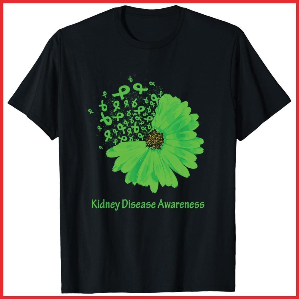 Kidney Disease Awareness Ribbon Green Sunflower Black Cotton T-Shirt Unisex T-Shirt XXL