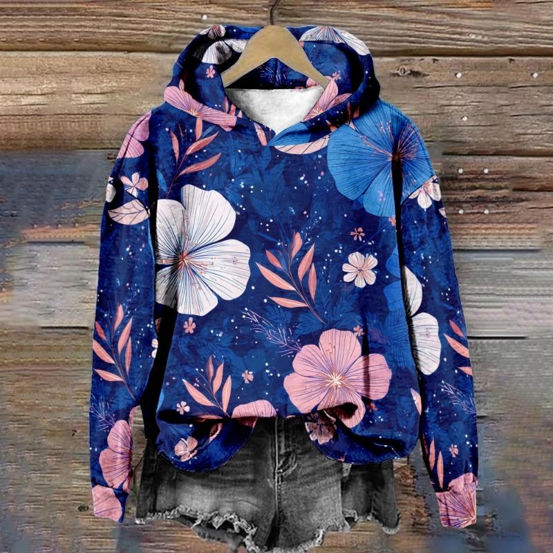Women's Floral Hoodie Hipster Winter Pullover Harajuku Loose-Fit Casual Sweatshirt Cozy Fleece-Lined Jacket Casual Streetwear