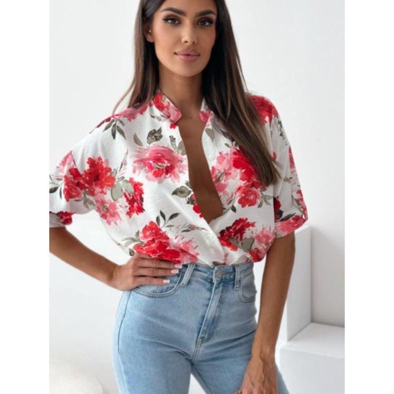 Sweet Summer New Arrival Fashion Stand Collar Single-Breasted Large Flower Pattern Fashion Temperament Commute Half-Sleeve Shirt Tops