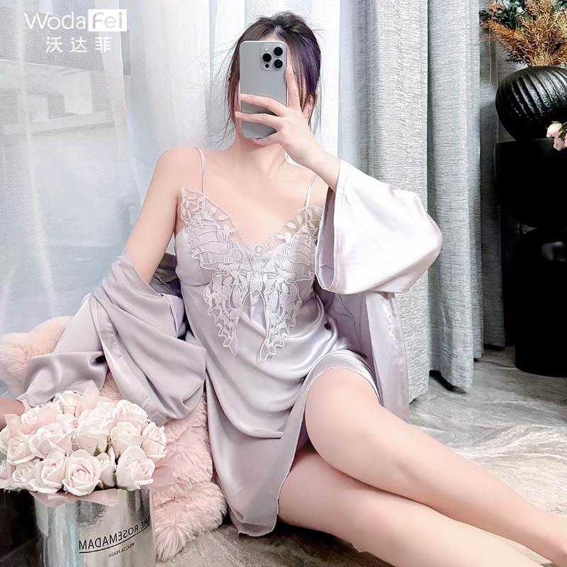 [Carefully Selected] Sexy Satin Nightdress with Chest Pad, Summer New Ice Silk Slimming Strap Loungewear Set