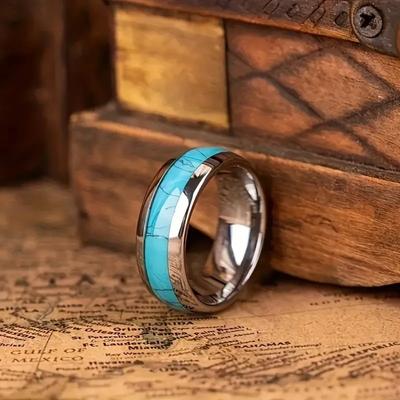 Hot Inlay Blue Turquoise Rings 8MM Men Stainless Steel Rings for Men Women Wedding Engagement Band Jewelry Gift Dropship