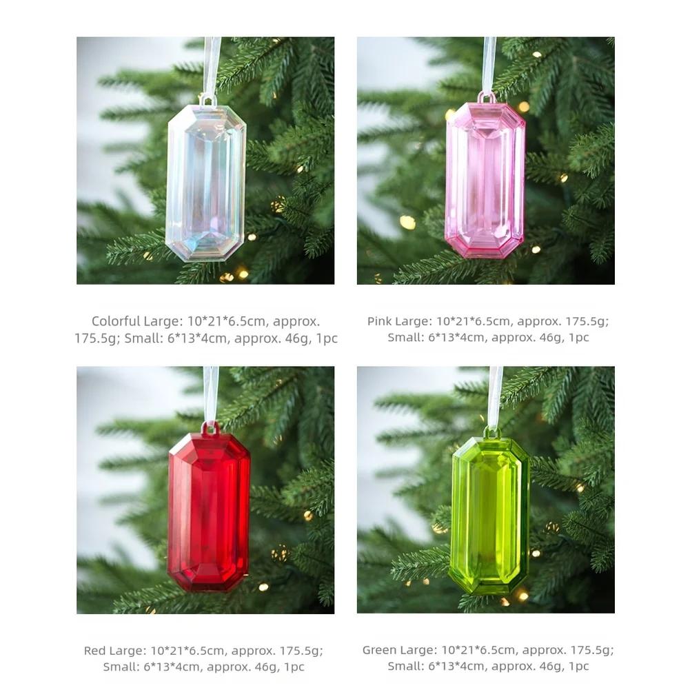 1pc Plastic Christmas Tree Ornaments Square Gemstone Pendant Colorful Snowflake Xmas Hanging Tree Pendants Home Party Decor