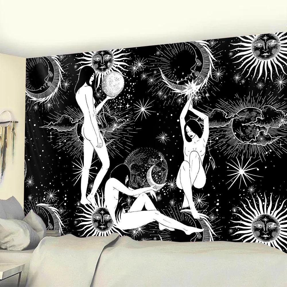 VIKAMA Black and White Sun and Moon Tapestry Mysterious Mandala Wall Hanging Meditation Room psychedelic Witchcraft Decoration