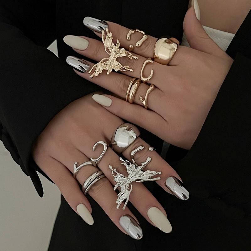 7Pcs/set Smooth Geometric Butterfly Open Rings Set for Women Couple Exaggerated Metal Irregular Chunky Ring Y2K Jewelry Gift