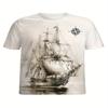 Casual Summer Top Men's Retro Sailboat and Compass Digital Print Soft Round Neck Short Sleeved T-shirt