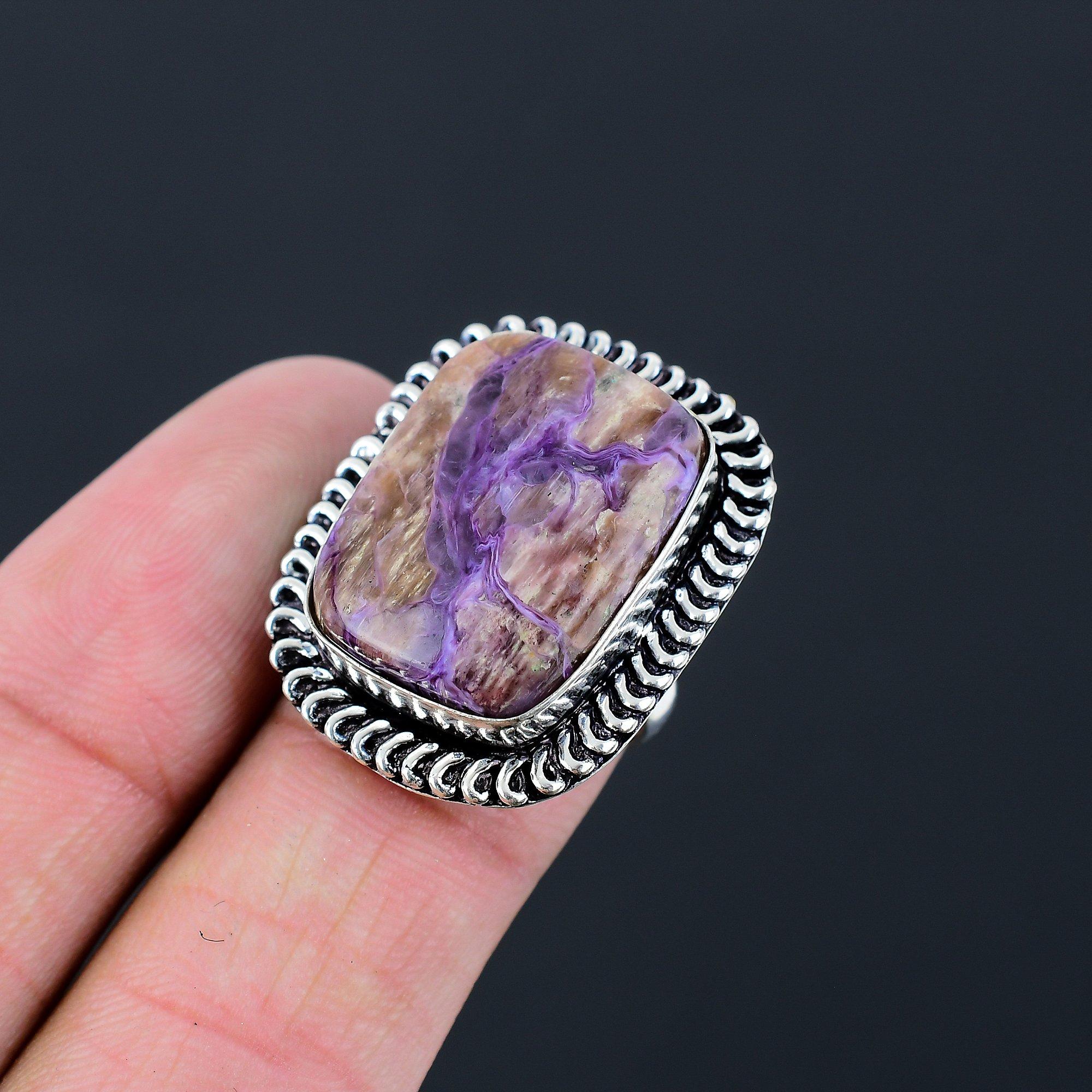 925 Sterling Silver Radiant Charoite Stone Promise Daughter Ring Jewelry US 6.5 6.5