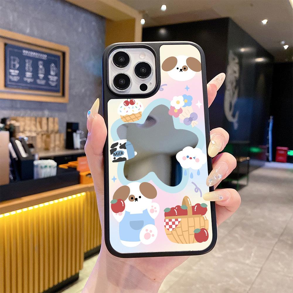 Ins Wind Soft Cute Feeling Apple Puppy Mobile Phone Case iPhone15 Makeup Mirror 16 Cute Mirror Apple 17pro