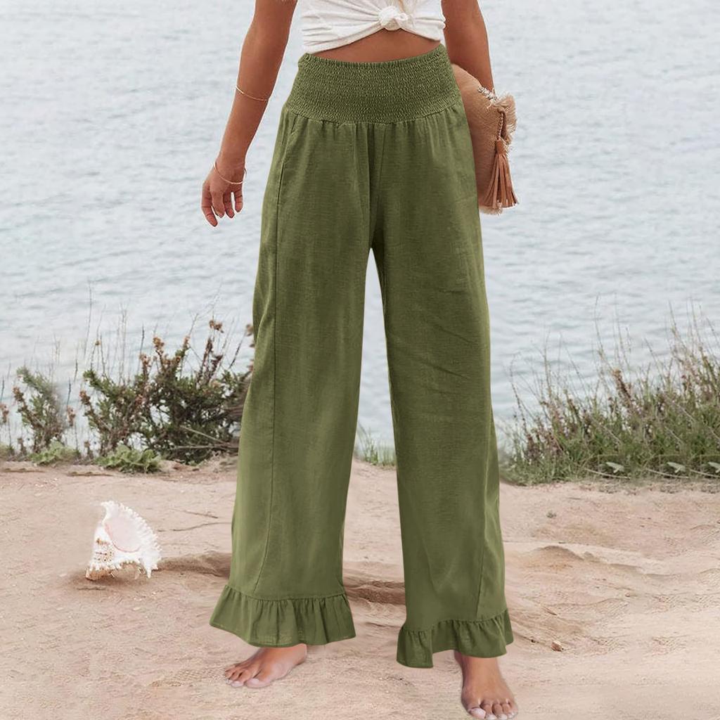 Women's Elastic Belt Pocket Linen Pants Pleated Paper Bag High Waist Ruffled Hem Wide Leg Trousers