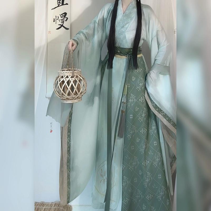 Hanfu de style chinois pour femmes des dynasties Wei et Jin, col croisé, manches larges, costume jupe une pièce