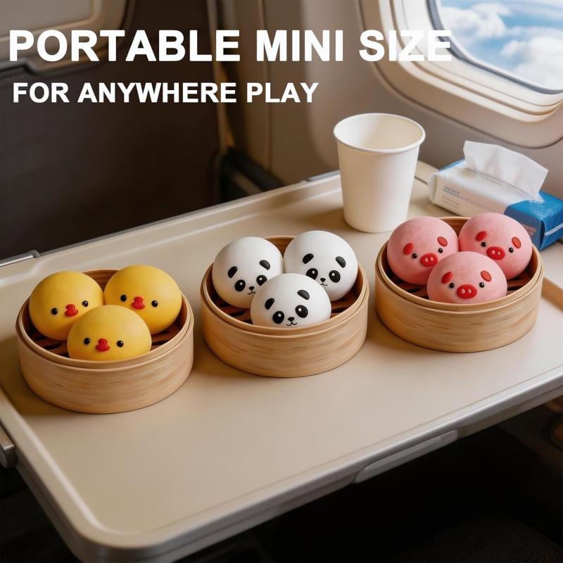 Cute Pig Panda Dumpling Squishies Toy With Steamer, Squishy Dough Ball Party Favor Stress Relief Gift, Kawaii Food Squeeze Toys