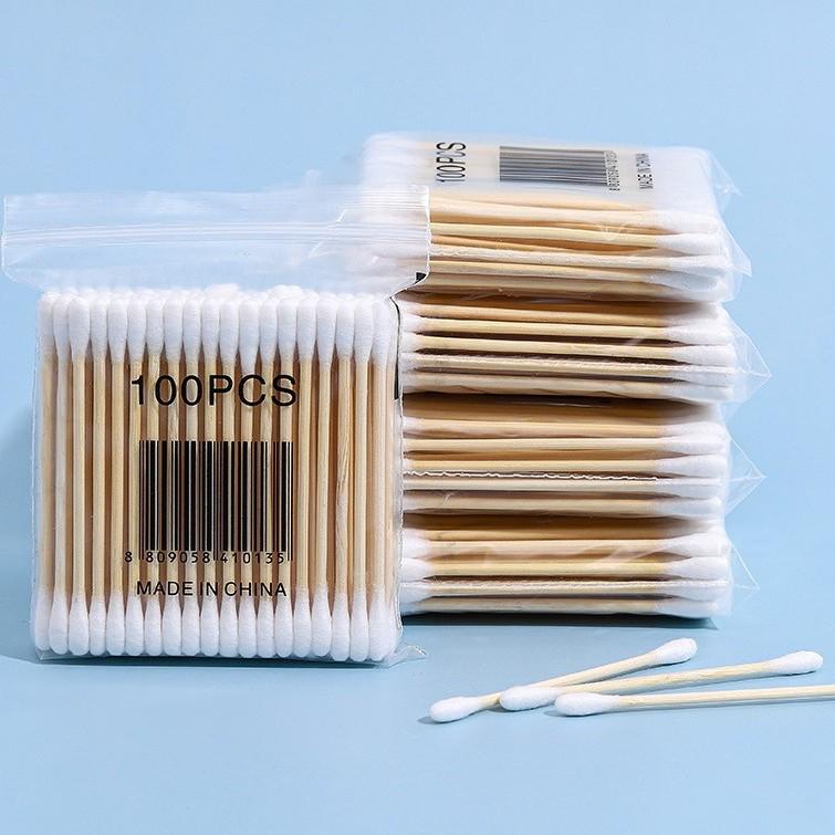 30-Piece Double-Ended Cotton Swabs - Round Head, Wooden Stick for Makeup Removal and Ear Cleaning