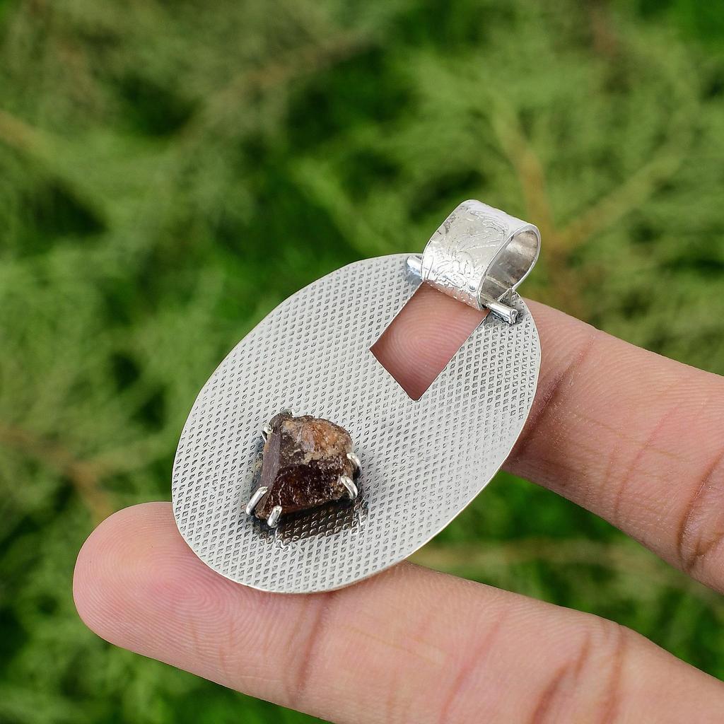 Daughters Day Deal 925 Silver Hessonite Rough Stone Anniversary Pendant Jewelry