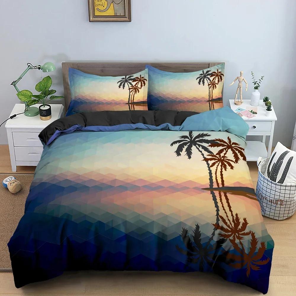 Tropische Bäume Bettbezug-Set Kokospalmenmuster Bettdeckenbezug Bettwäsche-Set Steppdeckenbezug mit Kissenbezug King-Size-Bettwäsche