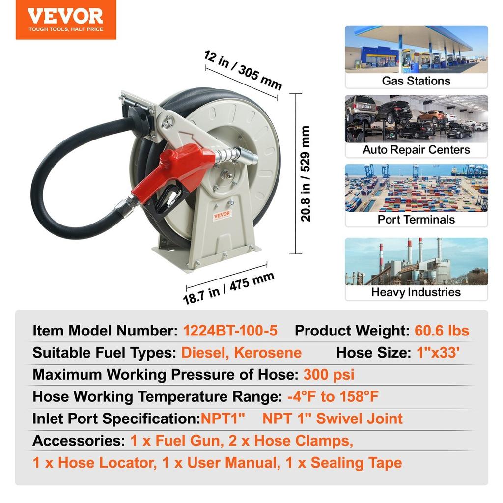 Fuel Hose Reel, 1" X 33', Extra Long Retractable Diesel Hose Reel, Heavy-Duty Carbon Steel Construction with Automatic Fuel Nozzle, NBR Rubber Hose