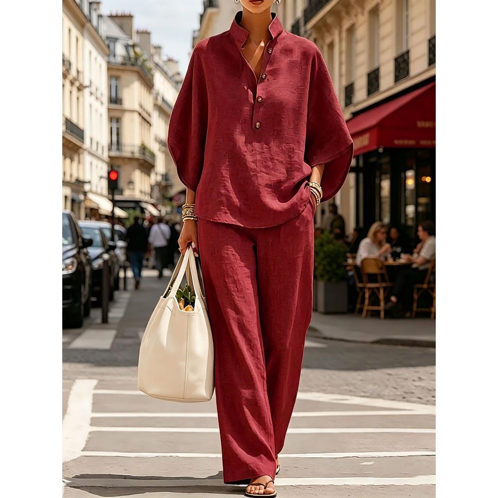 Women's Loose Fit Stand Collar Three Quarter Sleeve Linen Blend Two Piece Pant Set