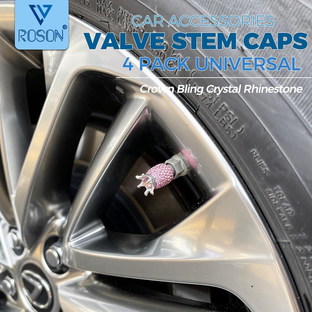 ROSON Valve Stem Caps, 4 Pack Handmade Crown Bling Crystal Rhinestone Car Wheel Tire Valve, Attractive Dustproof Car Accessories, Universal Stem Air