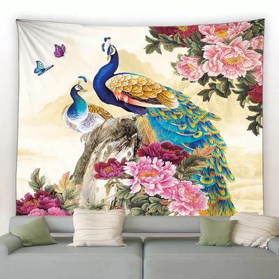 Cute Peacock Tapestry Peony Flower Butterfly Bird Wall Hanging Chinese Landscape Painting Tapestry for Living Room Bedroom Decor
