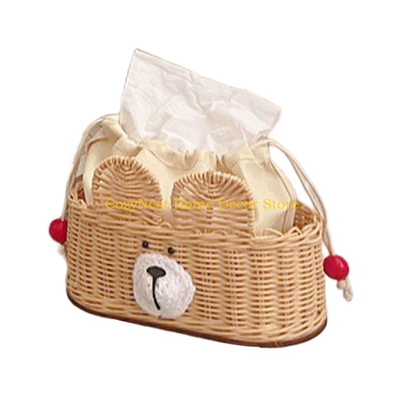92MF Unique Cottage Tissue Holder Bear Design Crafted Rattan Kitchen Storage
