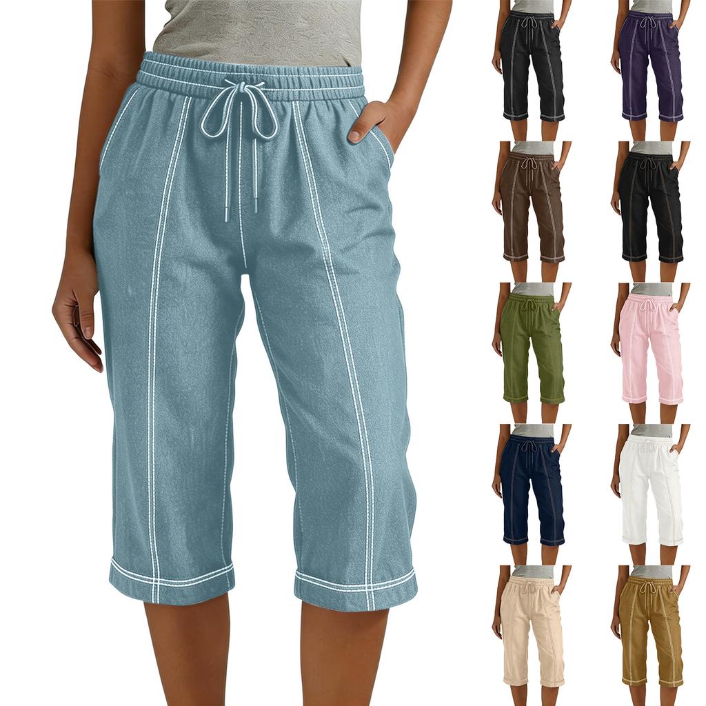 Women's Fashion -Color Loose-Fit Tie-Waist Casual Cropped Pants