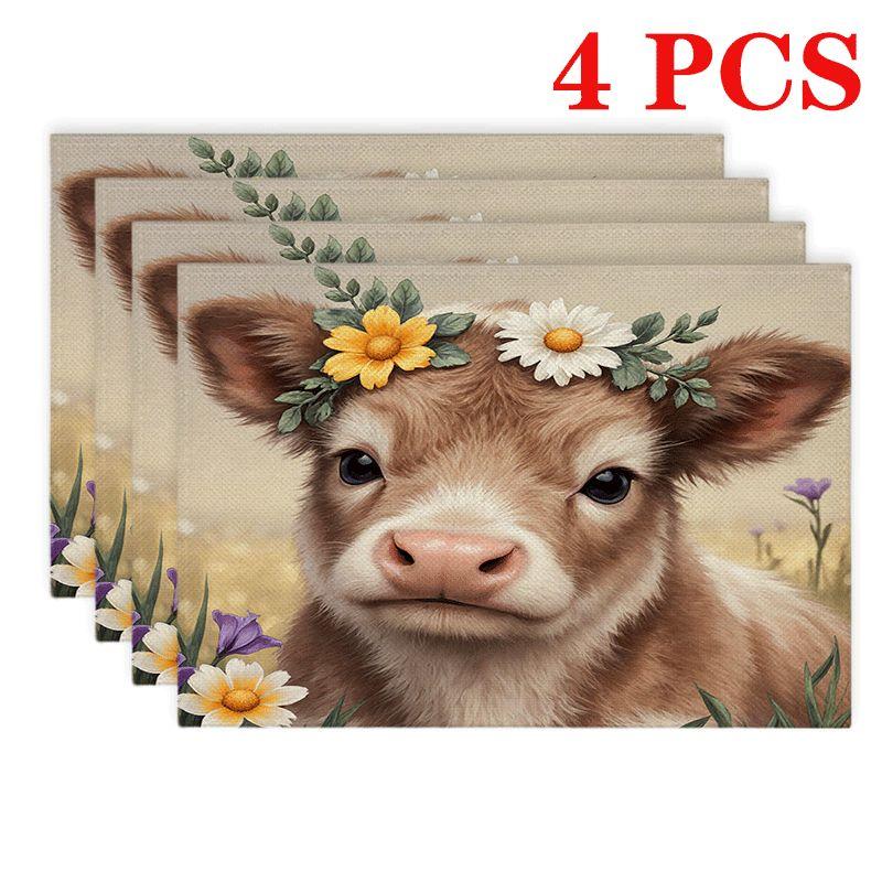 4/6pcs Rectangular Placemats - 12x18 Inches Cute Calf Floral Placemats with 2D Element Pattern Design 4pcs