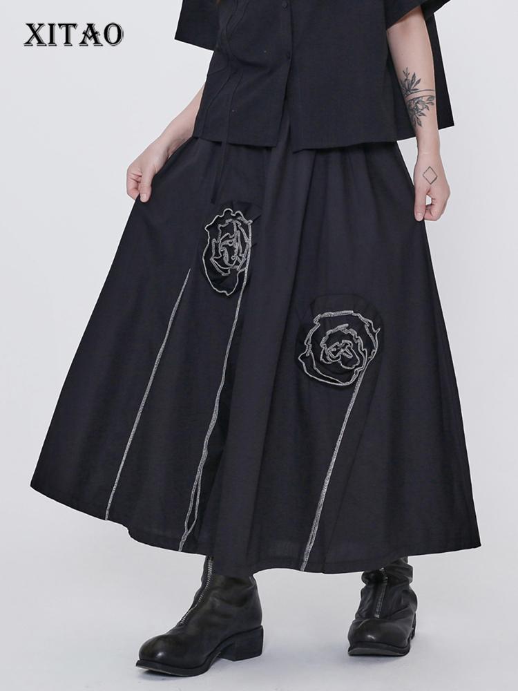 

XITAO Black Casual Loose Skirt Three-dimensional Flower Bright Line Decorate ZY8863