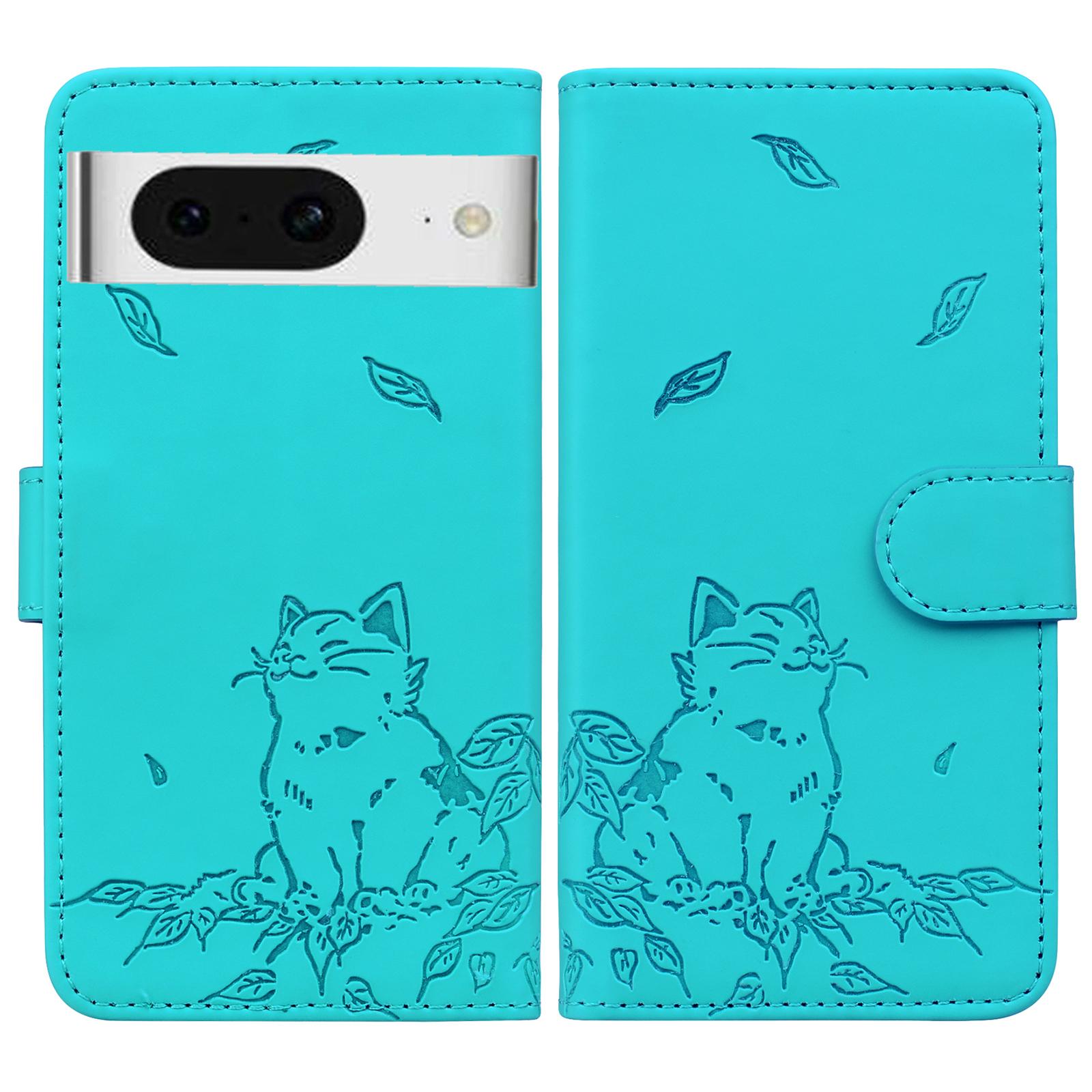 

For Google Pixel 8 Case Wallet Cat Pattern Imprinted Leather Phone Cover Lake Blue