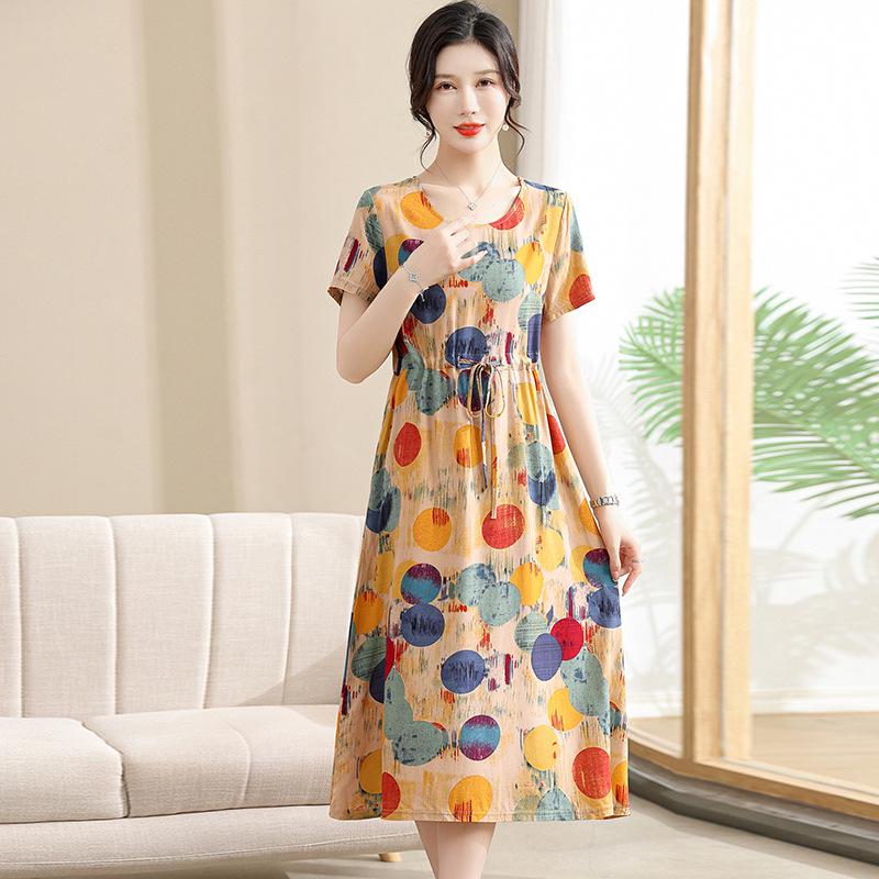 Elegant Floral Summer Dress for Women - Mid-Length, Loose Fit, Plus Size, Tummy Concealing, Cotton Silk Blend