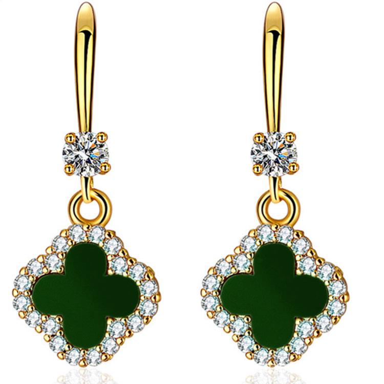 Emerald Stud Earrings with Leaves and Flowers In S925 Sterling Silver, Featuring Zircon Inlay and Metal Ear Hooks - Perfect for Women.