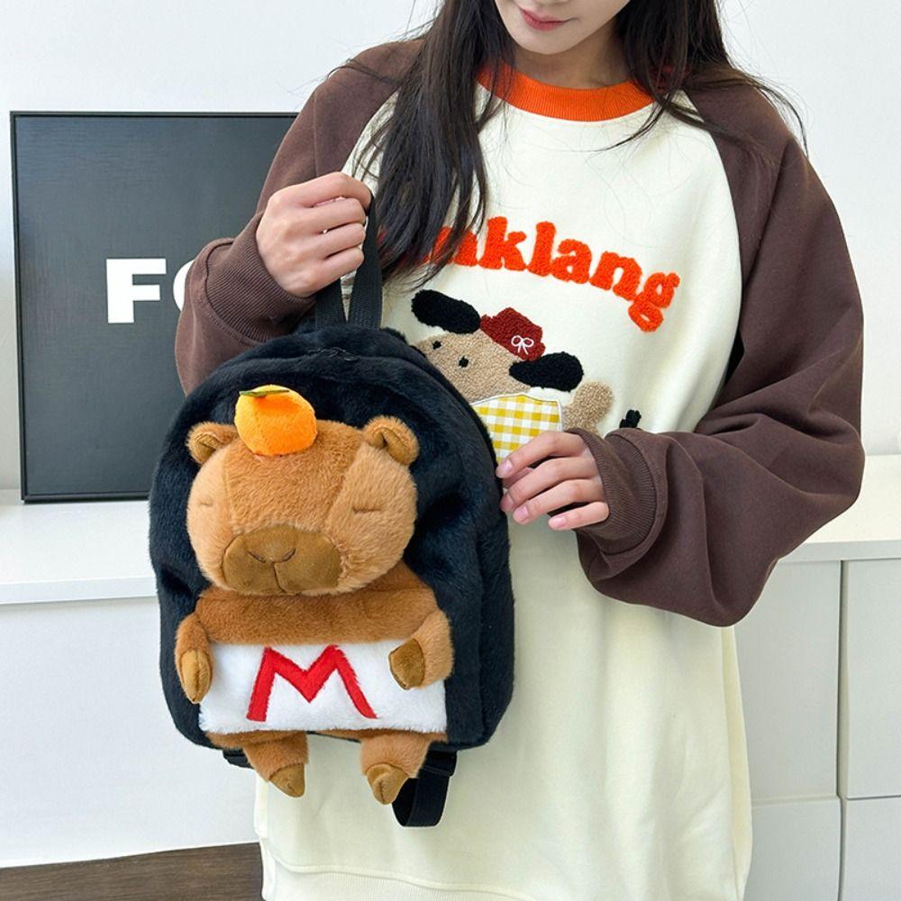 Large Capacity Student School Bag Cartoon Plush Capybara Doll Bag Shoulder Schoolbag  for Kids Gift