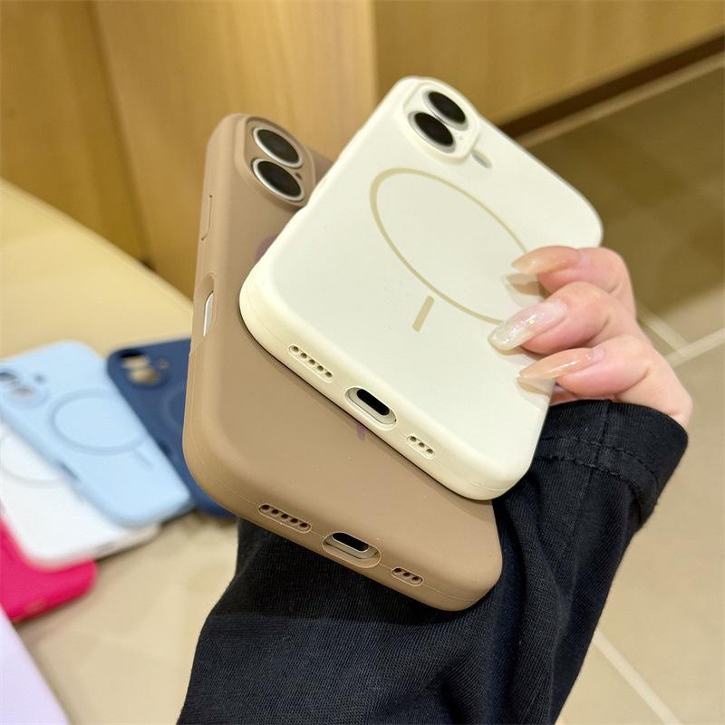 Applicable to iPhone17promax liquid silicone fine ring magnetic suction Apple 16 simple solid color anti-drop mobile phone case 15