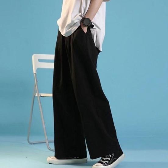 Men Pants Drawstring Elastic Waist Straight Wide Leg Loose Thin Solid Color Streetwear Deep Crotch Long Sports Trousers Casual Sweatpants