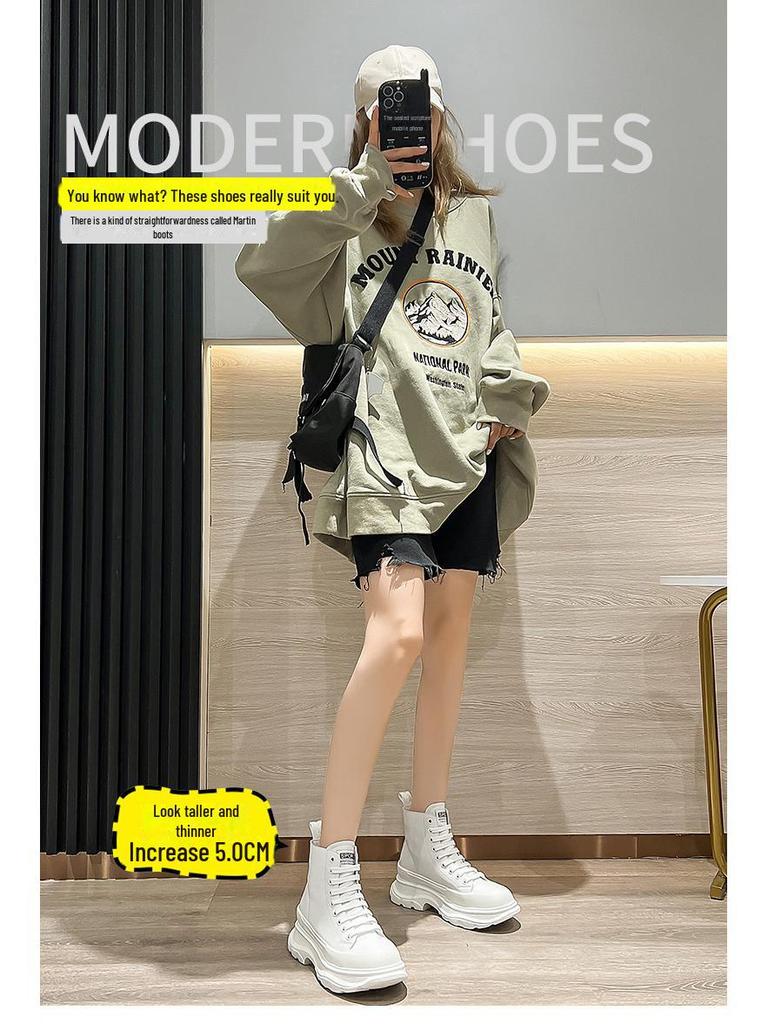 Women's White High-Top 2022 Genuine Leather Platform Casual Sneakers