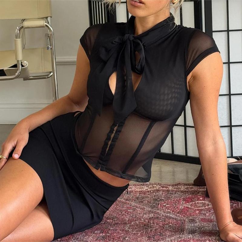 European and American Summer Sexy Women's Round Neck Hollow Mesh Splicing Bow T-shirt
