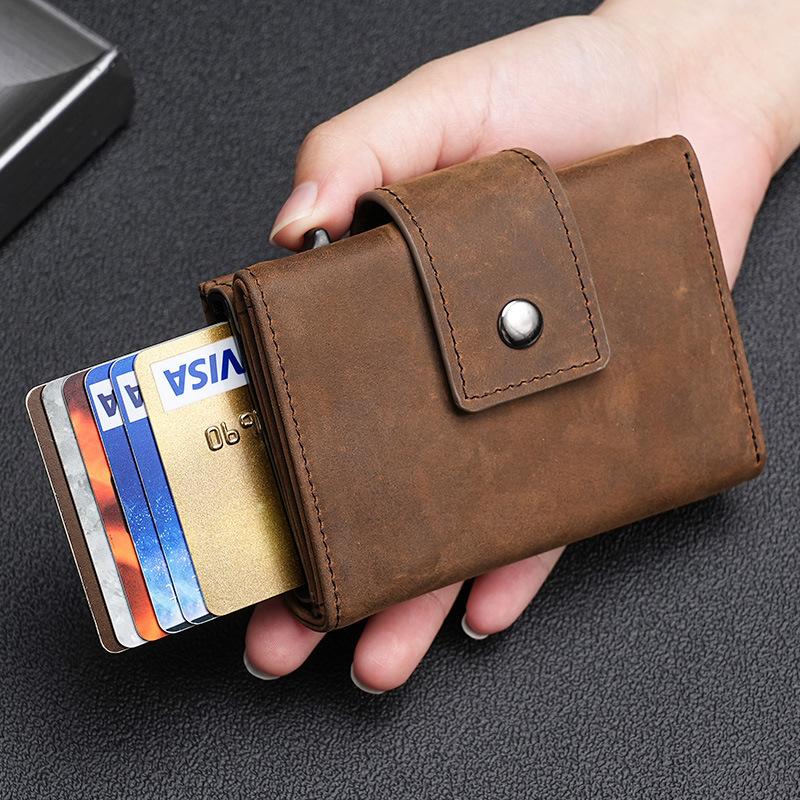 Leather Automatic Pop-up Metal Box Card Bag Men's Leather Airtag Locator Wallet Card Bag Card Clip Integrated