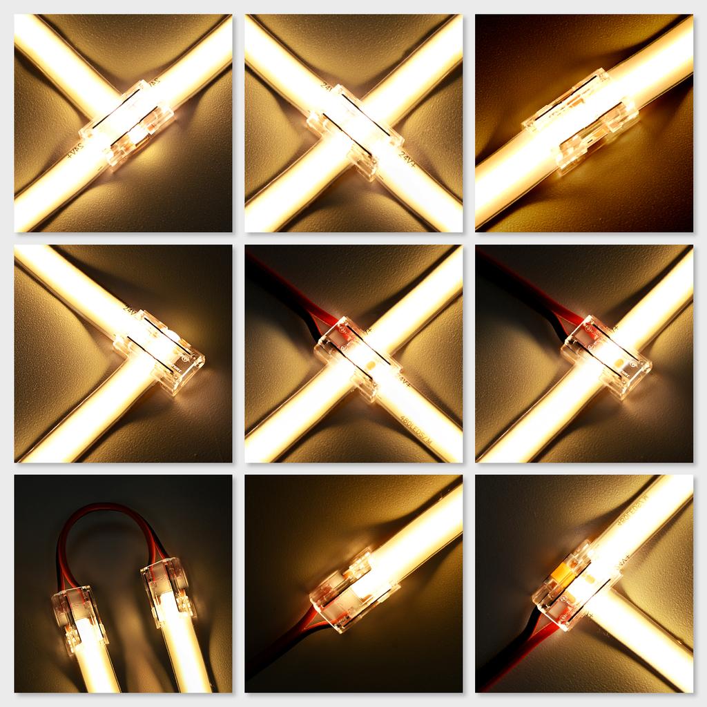 8pcs LED Connector Solderless 9 in 1 Transparent Connectors DIY L T X Shape 15cm Wire For 2pin 8mm 10mm COB LED Strip Lights
