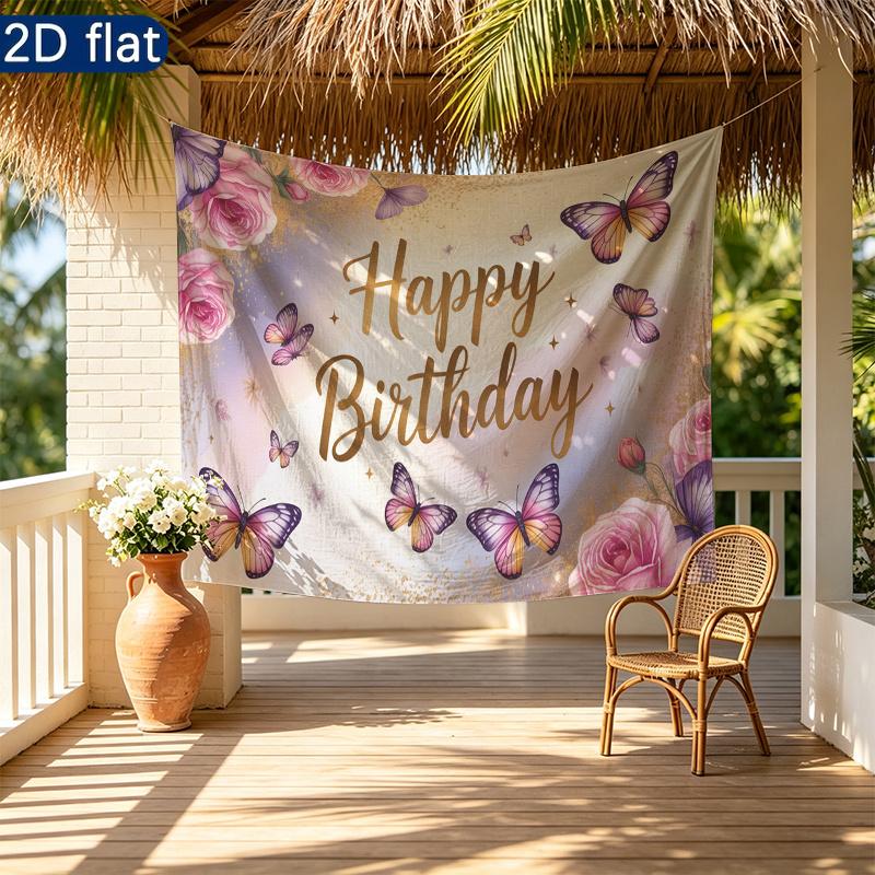Birthday Floral Butterfly Party Backdrop, Polyester Banner for Wall Decor & Photo Props