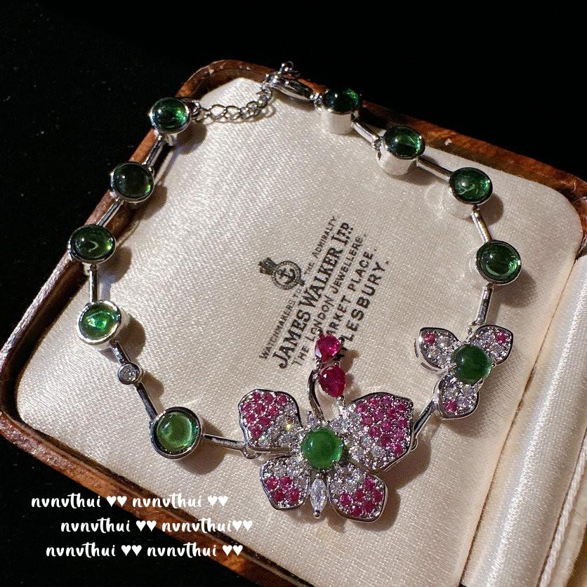 Chalcedony Rouge Ruby Butterfly Bracelet, Antique, 18K Gold Plated, Lady Zircon Butterfly Necklace